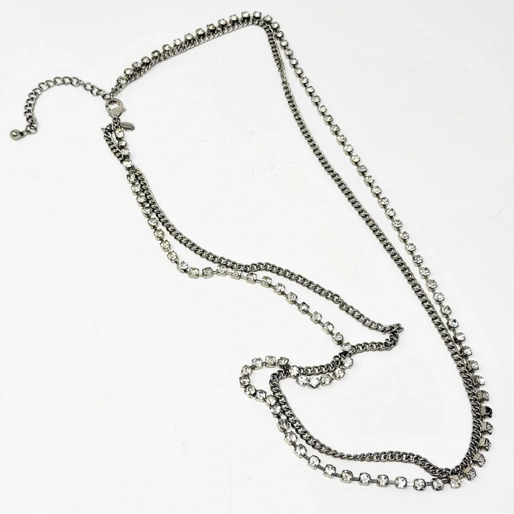 Chico’s Layered Long Necklace Silver Tone Chain & Clear Rhinestones